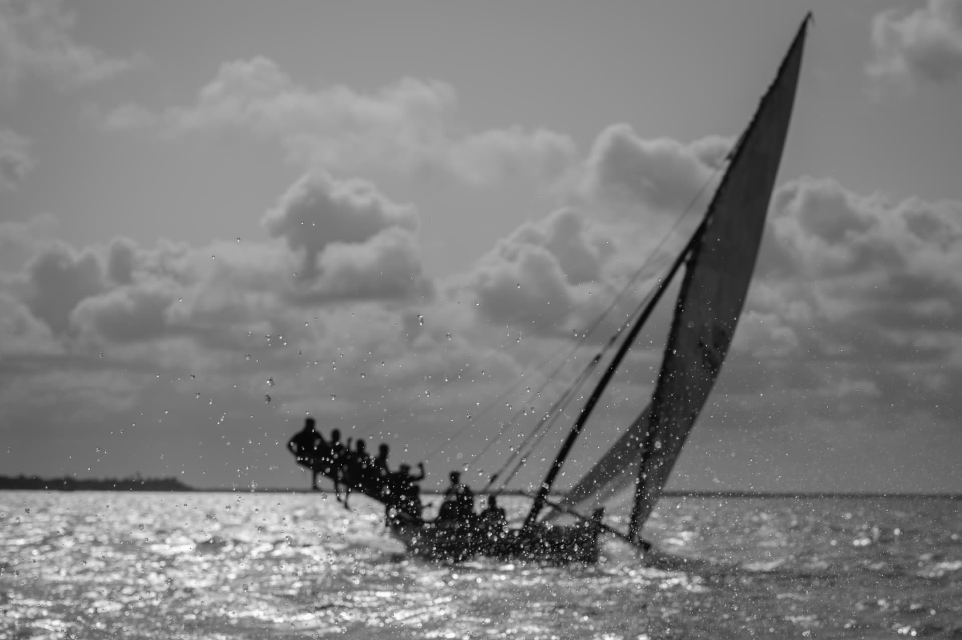 A dhow racing across the water, its lateen sail catching the wind off the Lamu coast