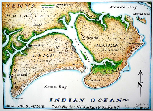 Hand-illustrated map of Lamu and Manda islands, showing Lamu Bay, Shela, Manda Bay and the Indian Ocean