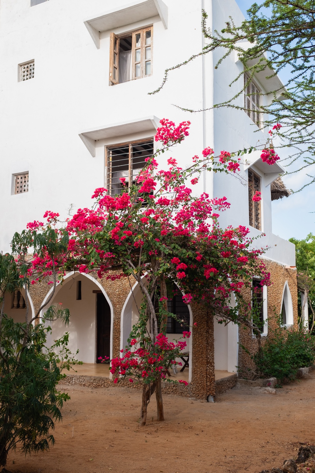 Arched coral-stone entrance of Mkoko House with pink bougainvillea climbing the white facade