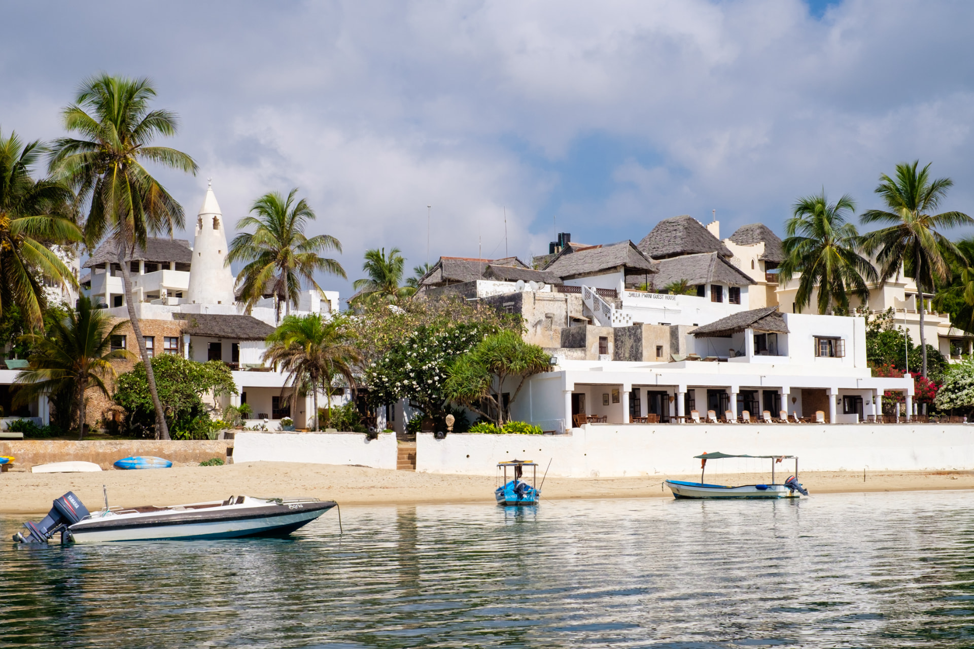 Peponi Hotel on the Shela seafront, with the village minaret rising behind